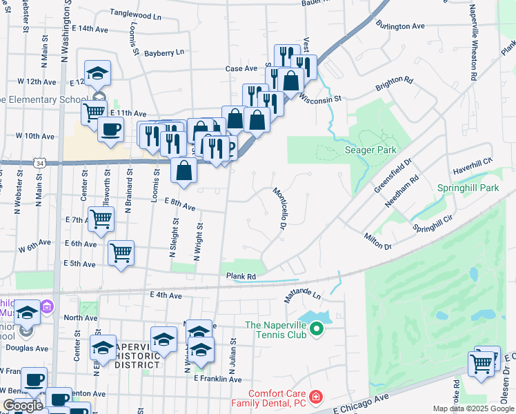 map of restaurants, bars, coffee shops, grocery stores, and more near 824 Monticello Drive in Naperville