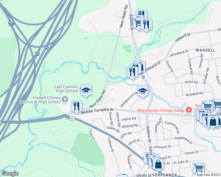 map of restaurants, bars, coffee shops, grocery stores, and more near 184 New State Road in Manchester