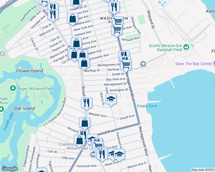 map of restaurants, bars, coffee shops, grocery stores, and more near 217R Narragansett Street in Cranston