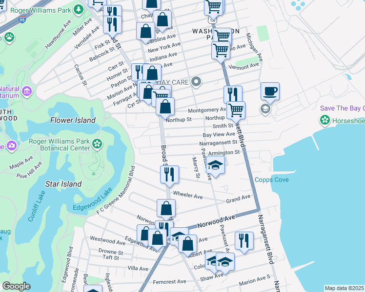 map of restaurants, bars, coffee shops, grocery stores, and more near 307 Narragansett Street in Cranston
