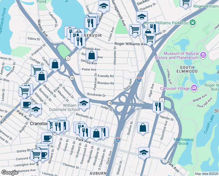 map of restaurants, bars, coffee shops, grocery stores, and more near 85 Brandon Road in Cranston