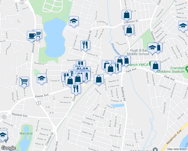 map of restaurants, bars, coffee shops, grocery stores, and more near 163 Southern Street in Cranston
