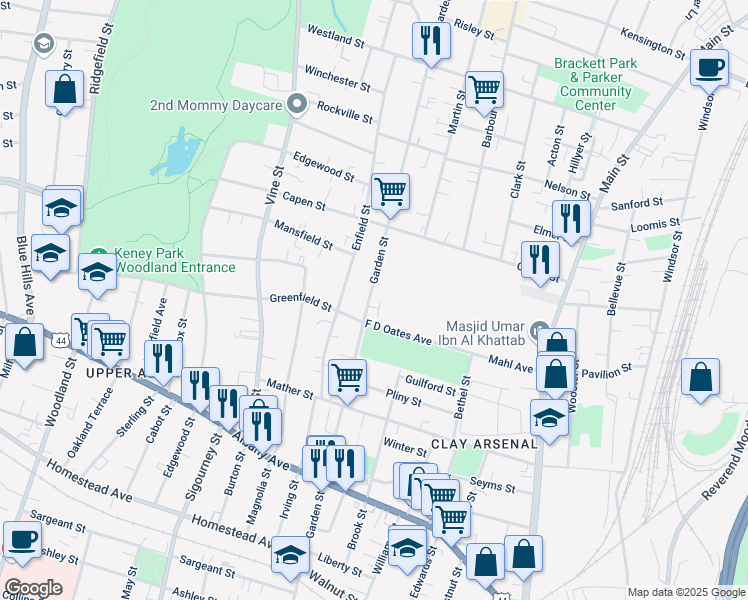 map of restaurants, bars, coffee shops, grocery stores, and more near 515 Garden Street in Hartford