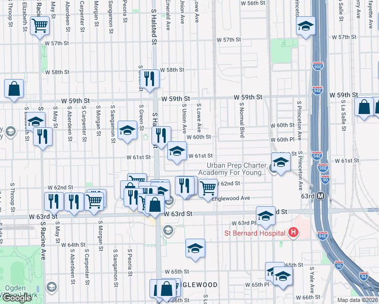 map of restaurants, bars, coffee shops, grocery stores, and more near 6031 South Union Avenue in Chicago