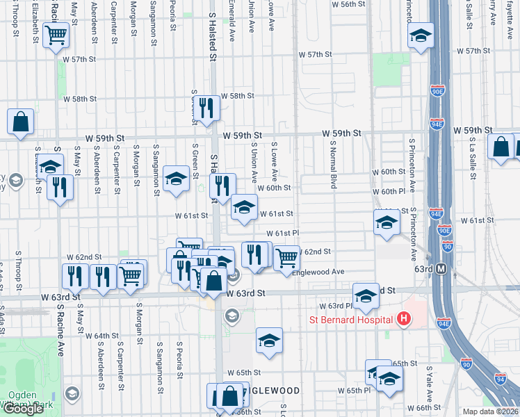 map of restaurants, bars, coffee shops, grocery stores, and more near 6031 South Union Avenue in Chicago