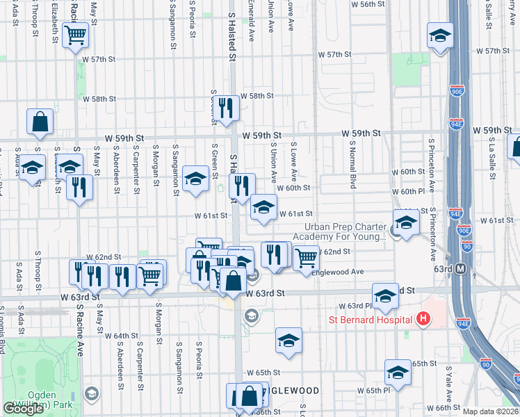 map of restaurants, bars, coffee shops, grocery stores, and more near 721 West 60th Place in Chicago