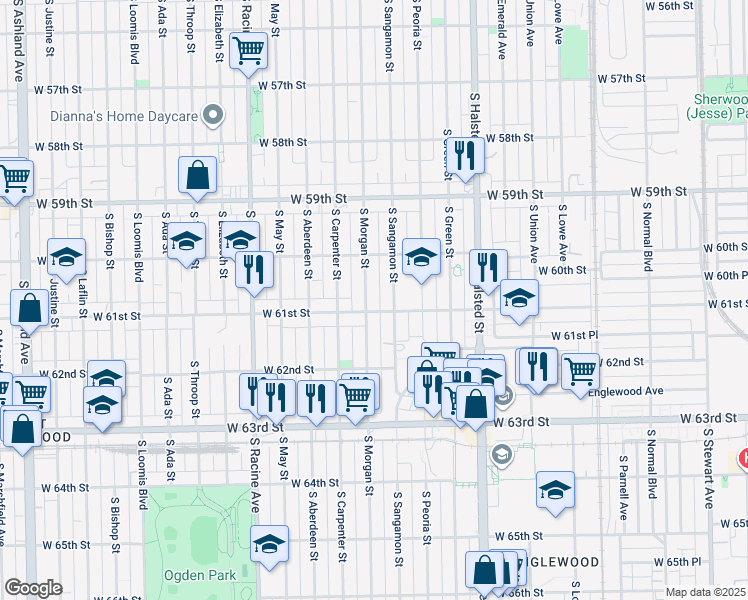 map of restaurants, bars, coffee shops, grocery stores, and more near 6037 South Morgan Street in Chicago