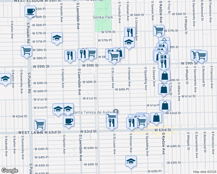 map of restaurants, bars, coffee shops, grocery stores, and more near 3509 West 60th Street in Chicago
