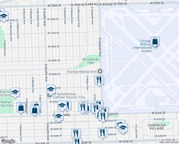 map of restaurants, bars, coffee shops, grocery stores, and more near 5944 South Parkside Avenue in Chicago