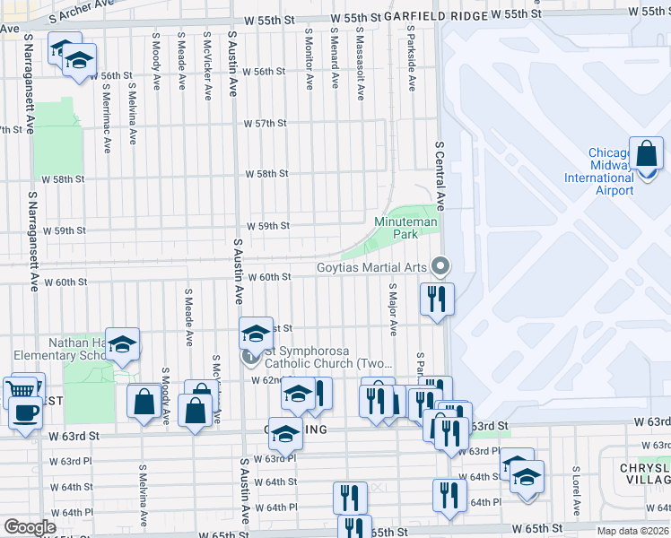 map of restaurants, bars, coffee shops, grocery stores, and more near 5947 South Menard Avenue in Chicago