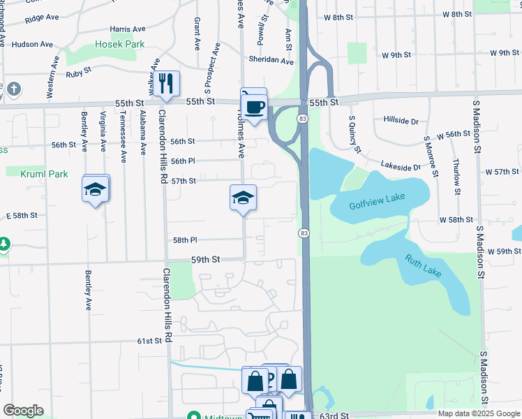 map of restaurants, bars, coffee shops, grocery stores, and more near 550 Chase Drive in Clarendon Hills