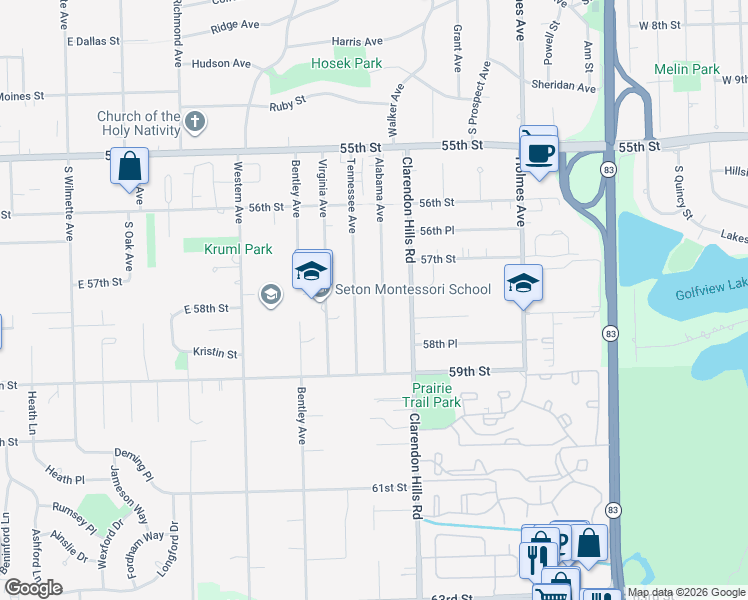 map of restaurants, bars, coffee shops, grocery stores, and more near 5740 Alabama Avenue in Clarendon Hills