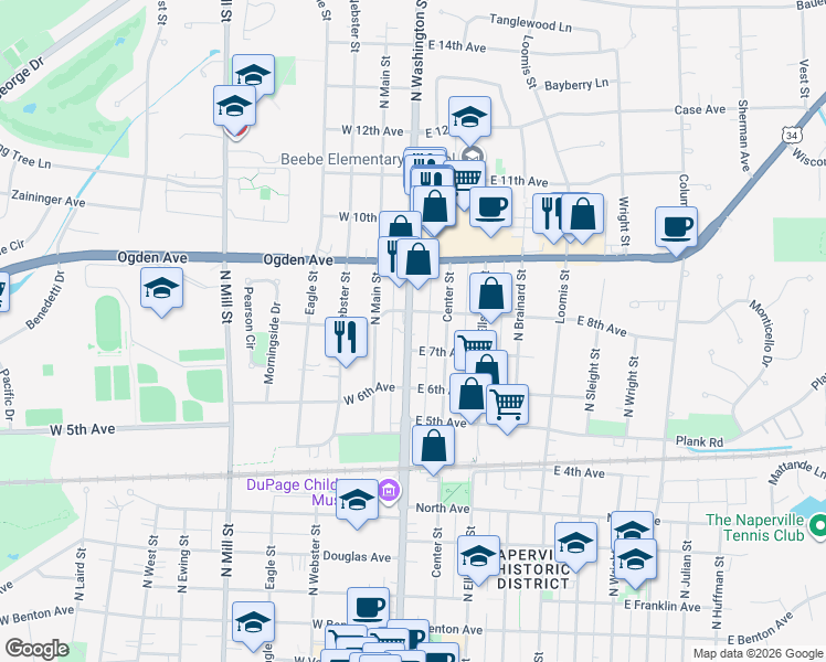 map of restaurants, bars, coffee shops, grocery stores, and more near 669 North Washington Street in Naperville