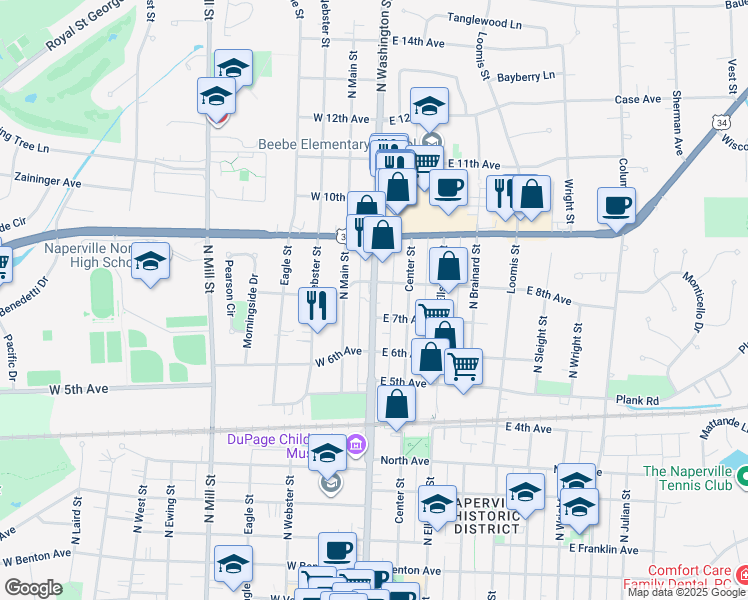 map of restaurants, bars, coffee shops, grocery stores, and more near 669 North Washington Street in Naperville