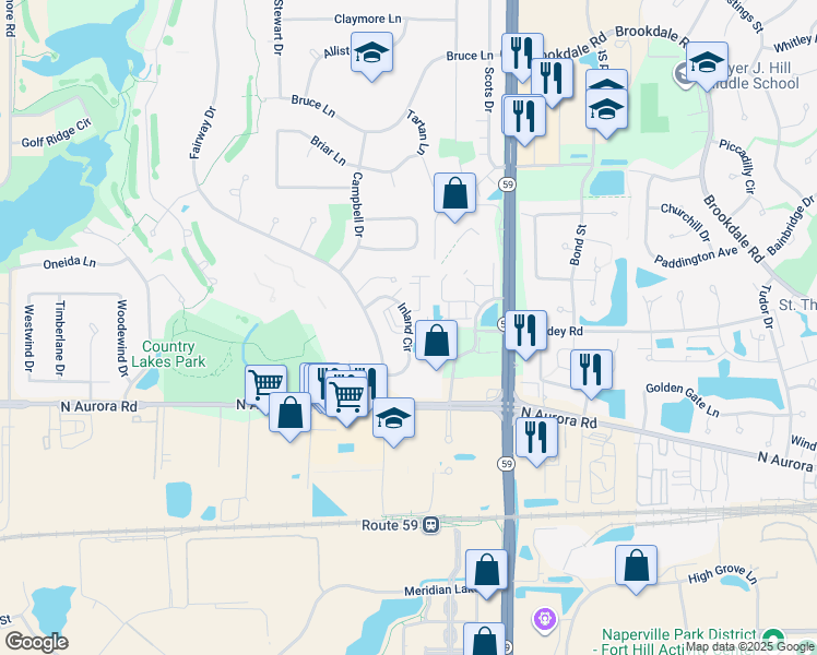 map of restaurants, bars, coffee shops, grocery stores, and more near 764 Inland Circle in Naperville