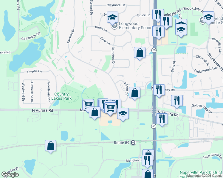 map of restaurants, bars, coffee shops, grocery stores, and more near 704 Greenwood Circle in Naperville
