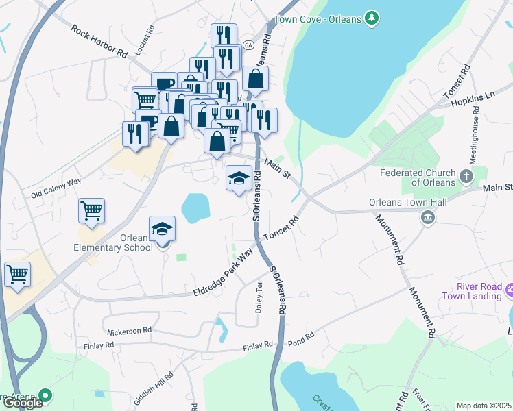 map of restaurants, bars, coffee shops, grocery stores, and more near 70 Massachusetts 28 in Orleans