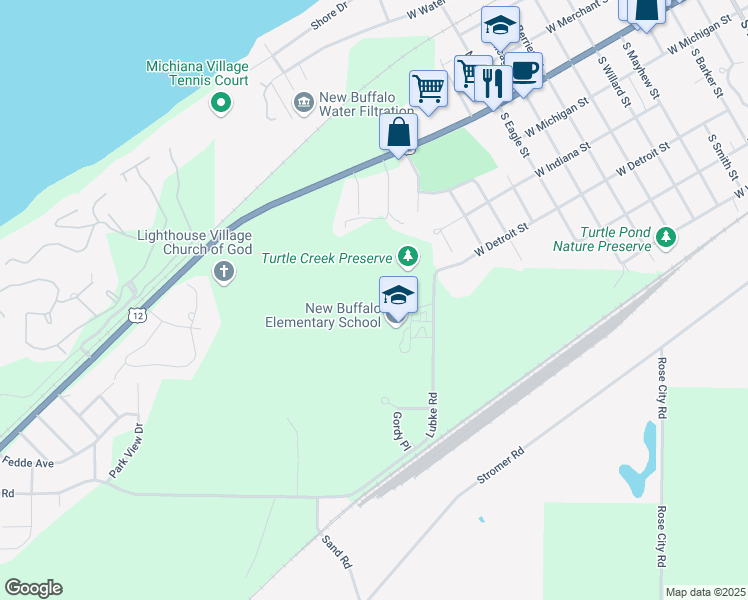 map of restaurants, bars, coffee shops, grocery stores, and more near 12291 Lubke Road in New Buffalo
