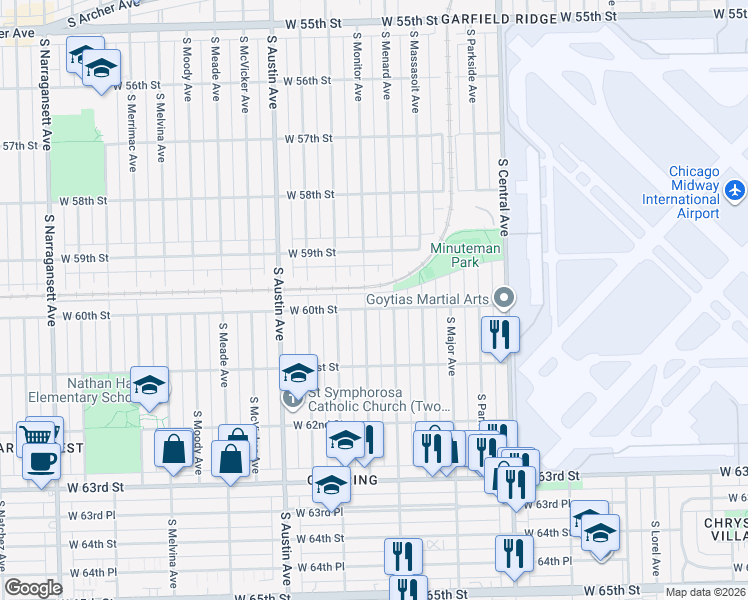 map of restaurants, bars, coffee shops, grocery stores, and more near 5818 West 60th Street in Chicago