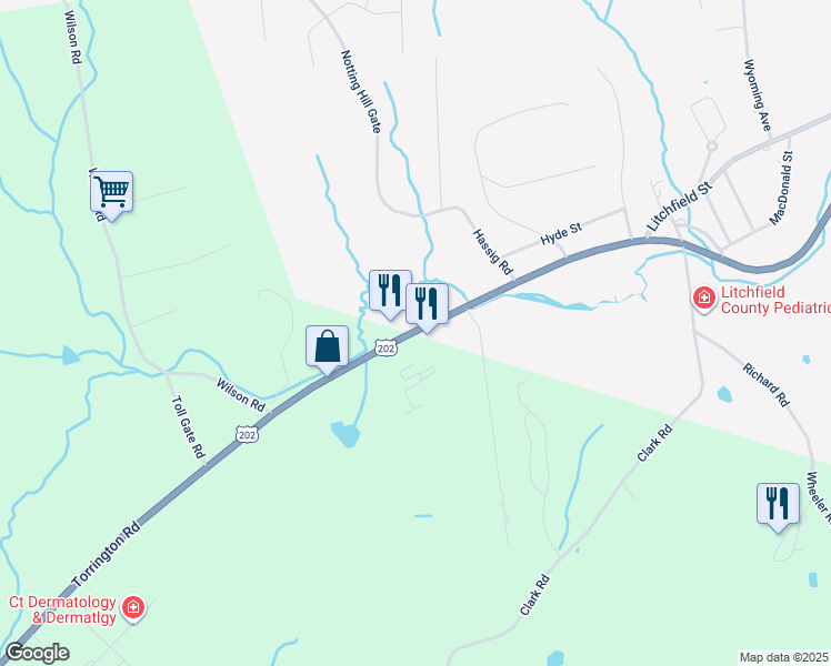map of restaurants, bars, coffee shops, grocery stores, and more near 931 Torrington Road in Litchfield