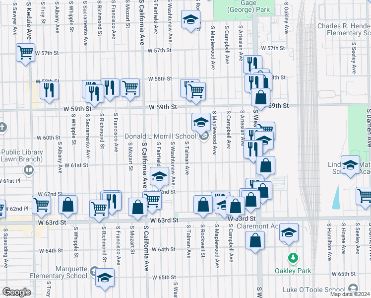 map of restaurants, bars, coffee shops, grocery stores, and more near 6018 South Talman Avenue in Chicago