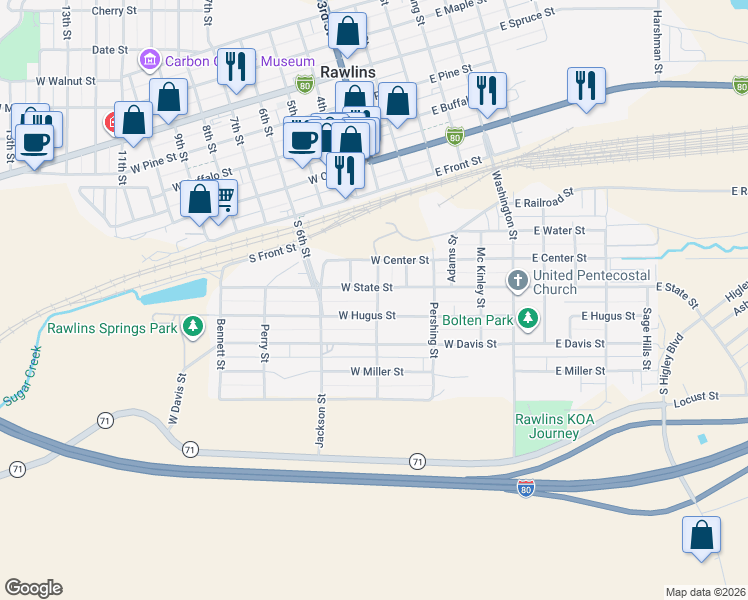 map of restaurants, bars, coffee shops, grocery stores, and more near 520 W State St in Rawlins