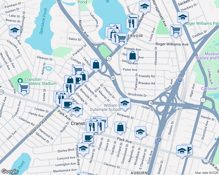 map of restaurants, bars, coffee shops, grocery stores, and more near 71 Beacon Circle in Cranston