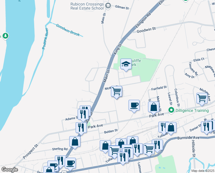 map of restaurants, bars, coffee shops, grocery stores, and more near 14 Mc Kee Street in East Hartford