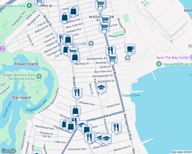 map of restaurants, bars, coffee shops, grocery stores, and more near 78 Pawtuxet Avenue in Cranston
