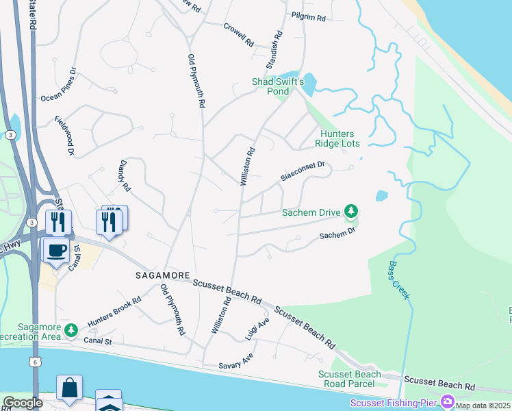 map of restaurants, bars, coffee shops, grocery stores, and more near 130 Williston Road in Bourne