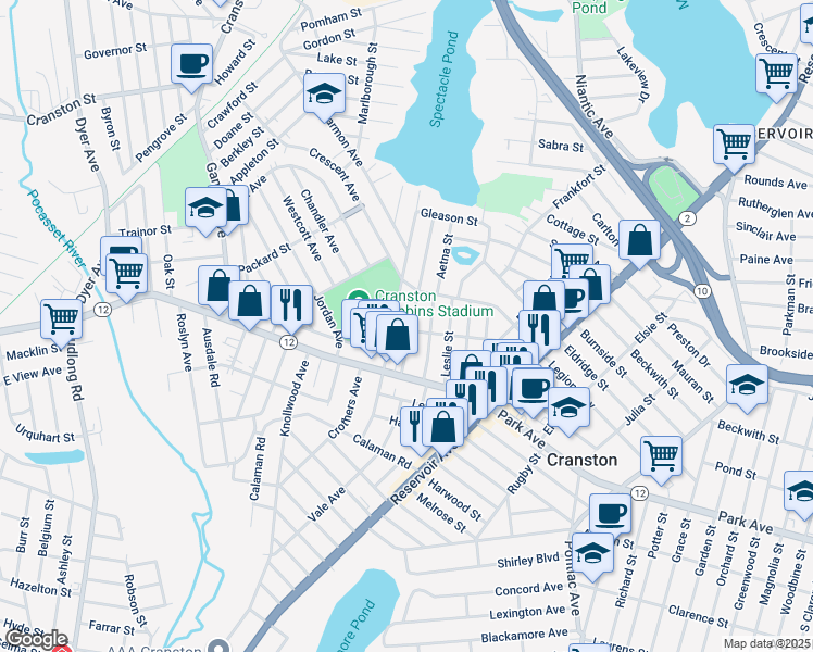 map of restaurants, bars, coffee shops, grocery stores, and more near 62 Grantland Road in Cranston