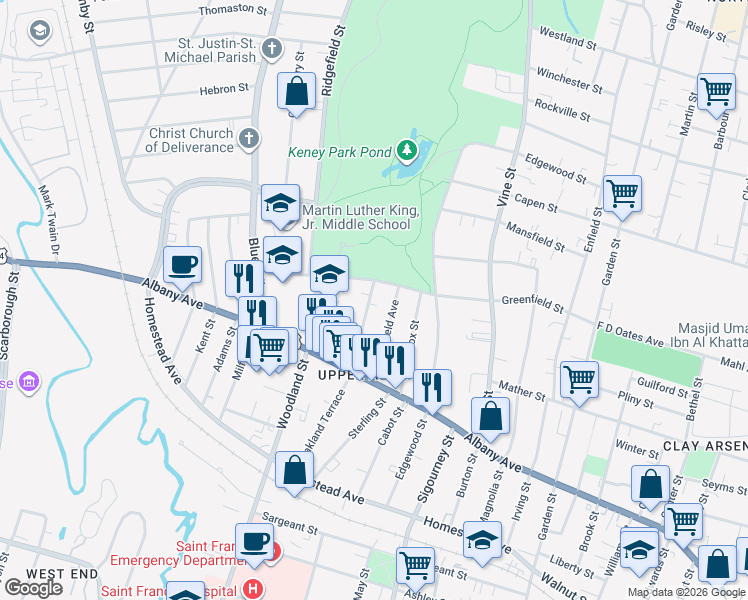 map of restaurants, bars, coffee shops, grocery stores, and more near 205 Greenfield Street in Hartford