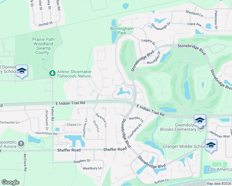 map of restaurants, bars, coffee shops, grocery stores, and more near 2062 Brookside Lane in Aurora