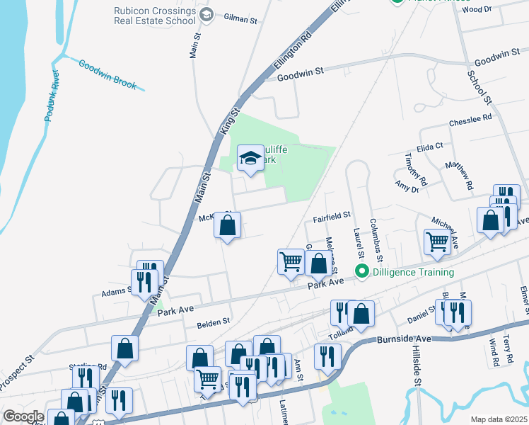 map of restaurants, bars, coffee shops, grocery stores, and more near 86 Mc Kee Street in East Hartford