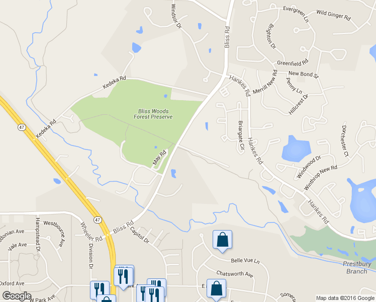map of restaurants, bars, coffee shops, grocery stores, and more near Virgil Gilman Nature Trail in Sugar Grove