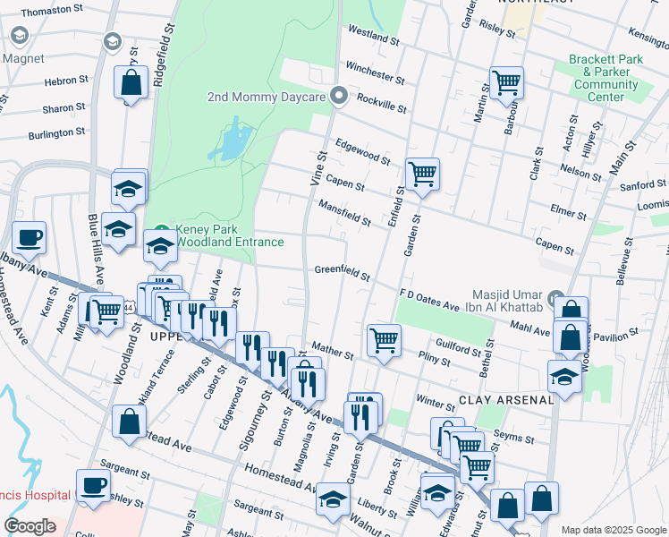 map of restaurants, bars, coffee shops, grocery stores, and more near 66 Greenfield Street in Hartford