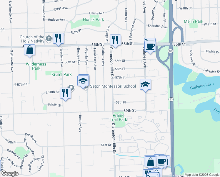 map of restaurants, bars, coffee shops, grocery stores, and more near 5728 Clarendon Hills Road in Clarendon Hills