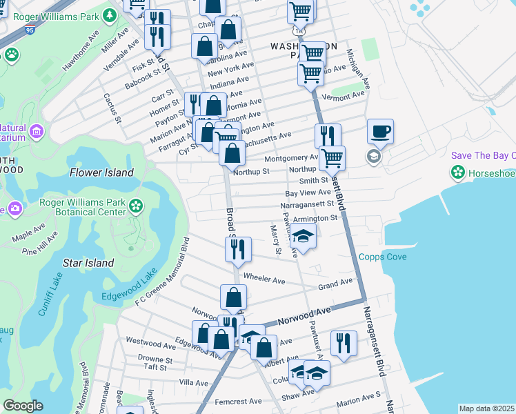 map of restaurants, bars, coffee shops, grocery stores, and more near 307 Narragansett Street in Cranston