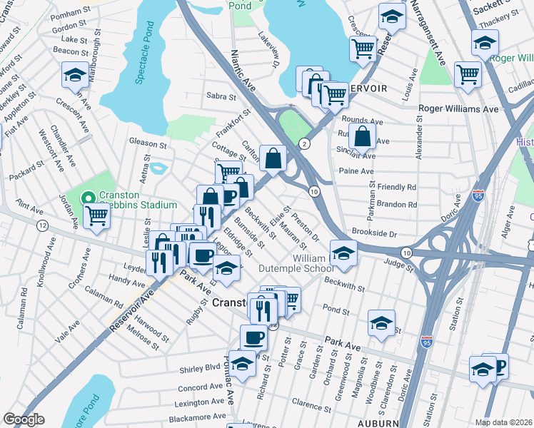map of restaurants, bars, coffee shops, grocery stores, and more near 337 Beckwith Street in Cranston
