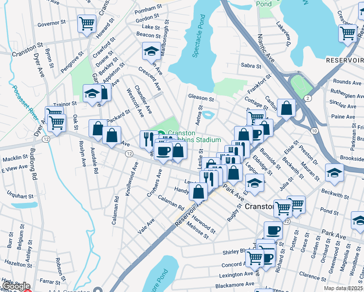 map of restaurants, bars, coffee shops, grocery stores, and more near 62 Grantland Road in Cranston