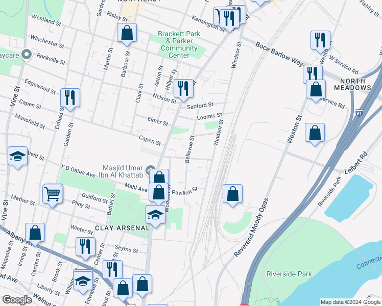map of restaurants, bars, coffee shops, grocery stores, and more near 269 Bellevue Street in Hartford