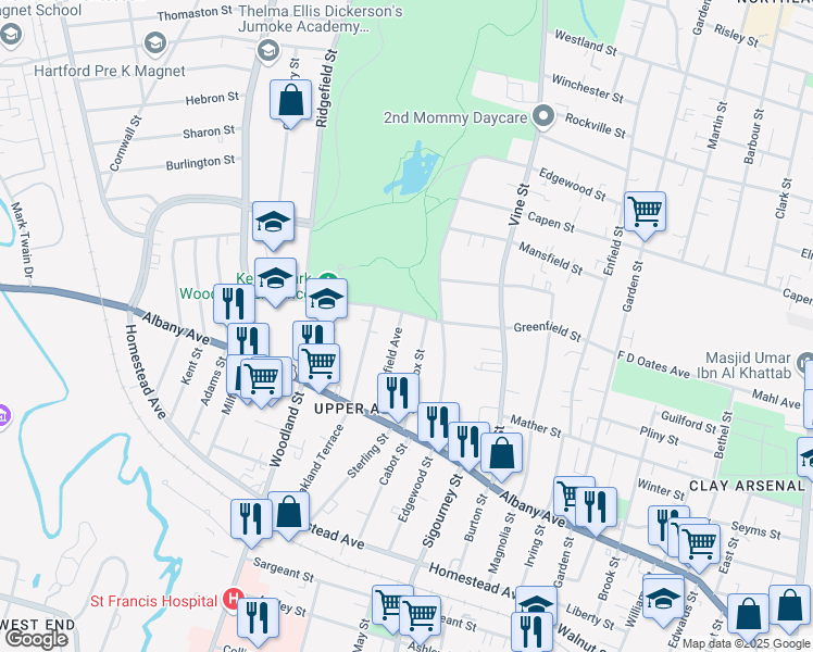 map of restaurants, bars, coffee shops, grocery stores, and more near 171 Greenfield Street in Hartford