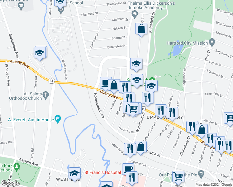 map of restaurants, bars, coffee shops, grocery stores, and more near 85 Kent Street in Hartford