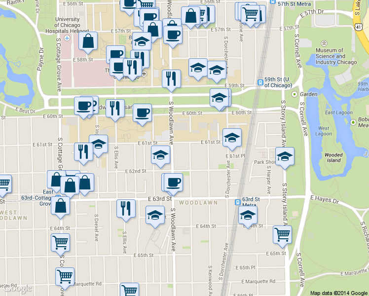 map of restaurants, bars, coffee shops, grocery stores, and more near 6100 South Kimbark Avenue in Chicago