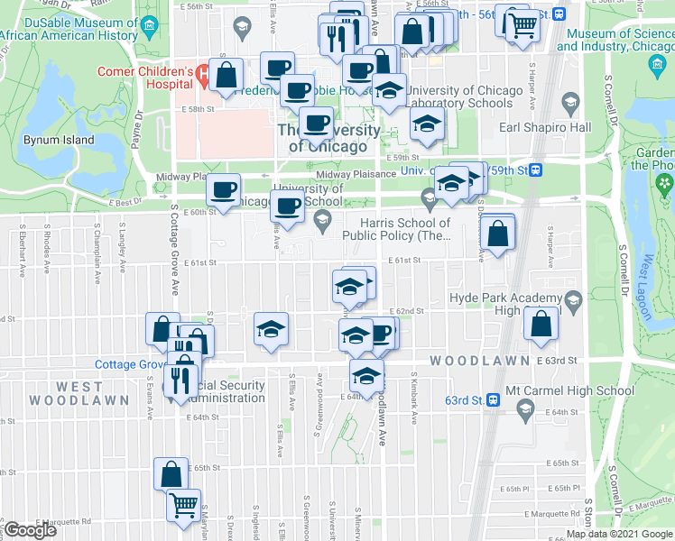 map of restaurants, bars, coffee shops, grocery stores, and more near 1125 East 61st Street in Chicago