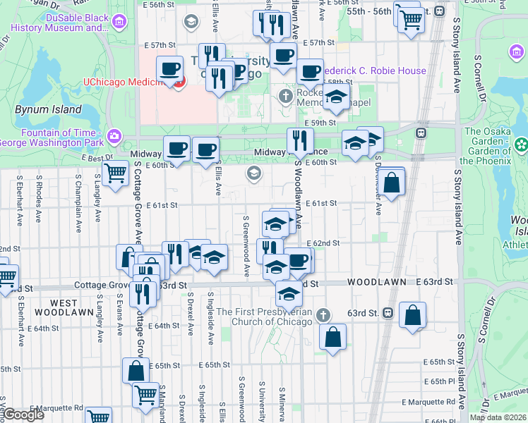 map of restaurants, bars, coffee shops, grocery stores, and more near 1125 East 61st Street in Chicago