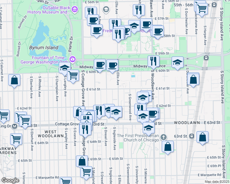 map of restaurants, bars, coffee shops, grocery stores, and more near 969 East 61st Street in Chicago