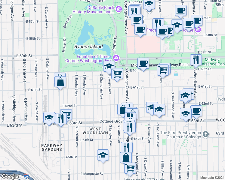 map of restaurants, bars, coffee shops, grocery stores, and more near 6102 South Evans Avenue in Chicago