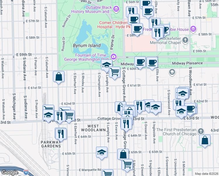 map of restaurants, bars, coffee shops, grocery stores, and more near 6102 South Evans Avenue in Chicago
