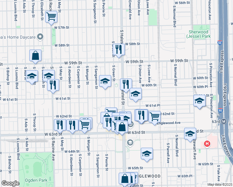 map of restaurants, bars, coffee shops, grocery stores, and more near 6036 South Green Street in Chicago